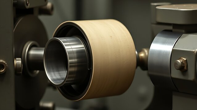 mandrel. A conical metal lathe mandrel rotating with an unfinished tube sleeve fitted over it. safety posters, maintenance manuals, designed for precision metalworking and fabrication facilities.