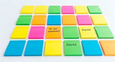 Arrangement of colorful sticky notes with handwritten notes on a white surface in a studio setting
