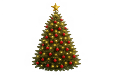 Christmas tree bringing seasonal cheer, featuring a golden star, vibrant red ornaments, and warm fairy lights. Transparent background