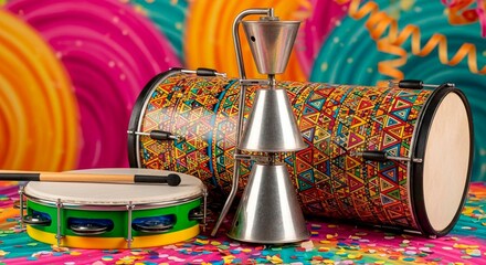 A vibrant still life featuring percussion instruments against a colorful background with confetti scattered