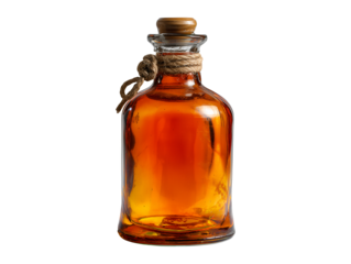 Glass bottle with amber liquid isolated on transparent or white background, png