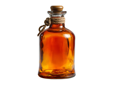 Glass bottle with amber liquid isolated on transparent or white background, png
