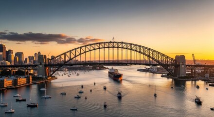 Obraz premium Sydney Harbour Bridge at sunset with boats and city skyline in the background