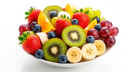 A vibrant bowl of mixed fruits featuring strawberries, kiwi, blueberries, grapes, banana, and orange slices