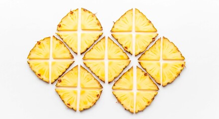 Seven pineapple slices arranged in a diamond shape on a white background with each slice quartered