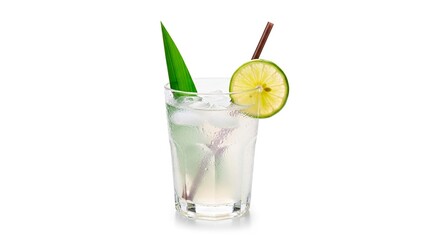 A refreshing cocktail with lime slice, green leaf, and straw in a clear glass on a white background