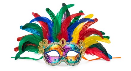 A colorful feathered mask with ornate gold details on a white background is displayed clearly