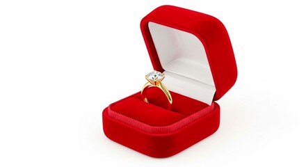 A close up of a gold engagement ring with a diamond in a red velvet box on a white background studio shot
