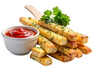 Minimal Studio Shot – Garlic Breadstick Stack with Clean Marinara Dipping Cup.