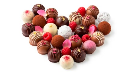 Assorted chocolate truffles arranged in a heart shape with raspberries and rose petals on a white background