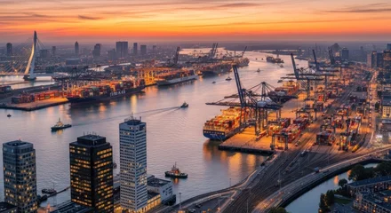 Plexiglas schilderij Rotterdam A bustling harbor scene with cranes, ships, and buildings at sunset, with a focus on the Rotterdam skyline.  © Chandara