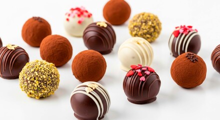 A delectable assortment of chocolate truffles with various toppings on a bright white background surface