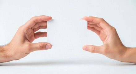 Two hands holding a blank white card in front of a white background with soft lighting in a studio shot