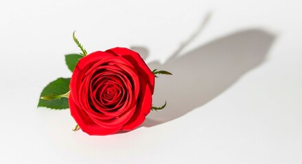 A single red rose with green leaves and thorns lies on a white surface casting a soft shadow behind it