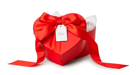 A heart shaped red gift box with a red ribbon and a love tag on a white background is displayed here