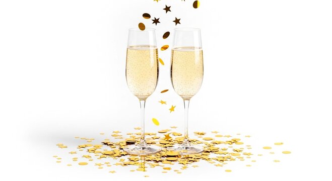 Two champagne glasses filled with champagne with gold confetti falling on a white background scene party - Powered by Adobe