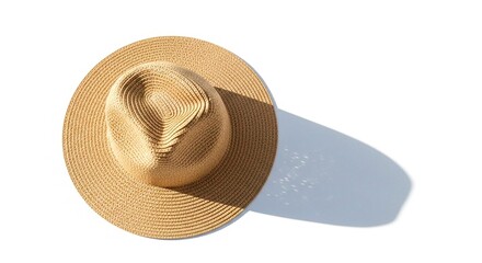 An overhead shot of a woven straw fedora hat casting a shadow on a plain white surface background