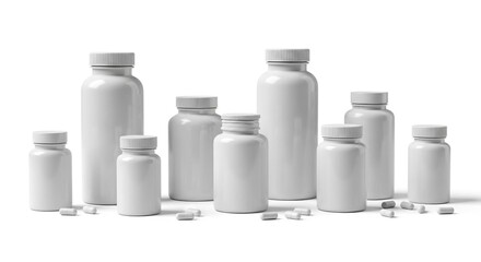 A monochrome image showcasing multiple white plastic pill bottles of varying sizes with some pills scattered