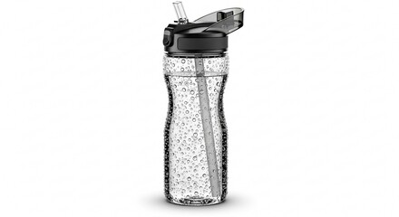 A clear water bottle with condensation and a black lid and straw on a white background studio shot