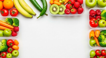 Top down view of fruit and vegetables in plastic containers on a white surface for meal prepping idea