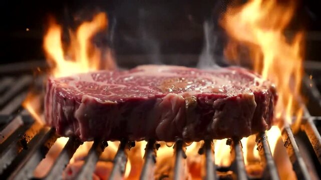 A juicy steak sears over an open flame, creating a smoky and appetizing grilling experience.