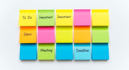 Arrangement of colorful sticky notes with handwritten words against a white background surface view