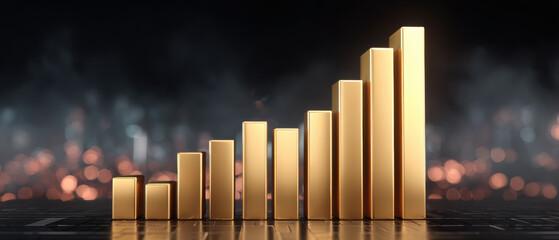 Gold bar chart shows stable financial growth with golden columns and warm bokeh lighting