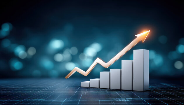 Stable financial growth chart with rising arrow and bar graph in modern blue setting