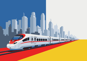 Futuristic electric bullet train on a railroad track with a metropolitan cityscape silhouette. A colorful vector illustration for transportation and travel concepts