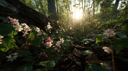 Fototapeta premium Morning Sunlight Filtering Through a Forest with Blooming Flowers on the Ground