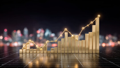 Golden bar chart showing stable financial growth with glowing data line and city bokeh lights