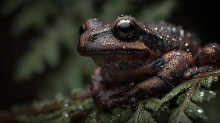Obraz premium Close-up of a Wet Frog on a Branch in Nature with Detailed Skin Texture
