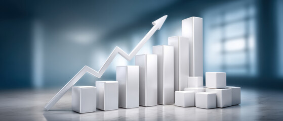 Stable financial growth concept with white 3d bar chart and upward arrow in modern office