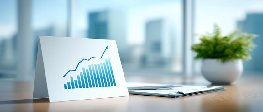 Stable financial growth chart on desktop showing rising bar graph and upward trend