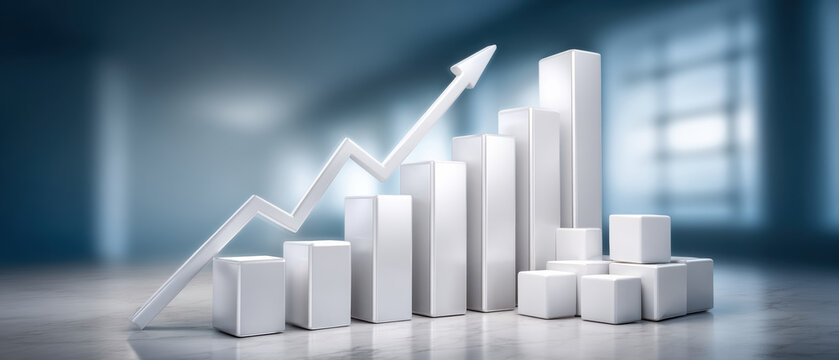 Stable financial growth concept with white 3d bar chart and upward arrow in modern office