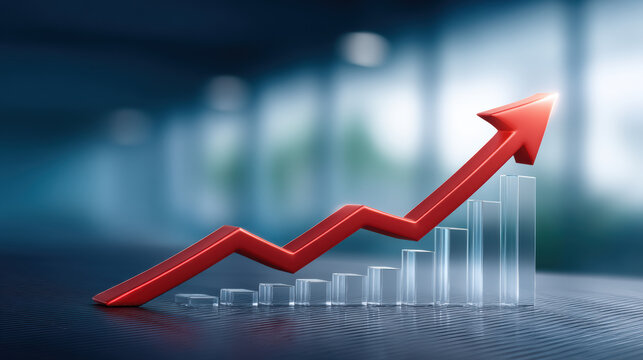 Stable financial growth arrow rising over glass bar chart showing upward business momentum