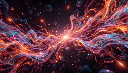 Bright neon fractal geometry with flowing iridescent lines, glowing energy patterns, modern digital abstract tapestry