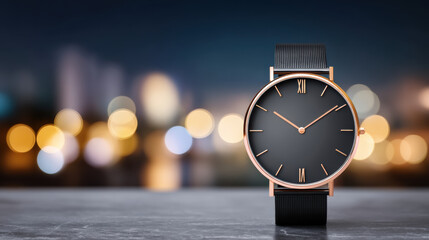 Minimalist wristwatch on table with bokeh city lights conveying stable financial elegance