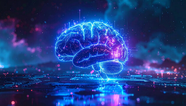 Digital Mind: A luminous digital rendition of the brain pulses with energy, visualizing the boundless realm of intellect and the intricate workings of artificial intelligence.