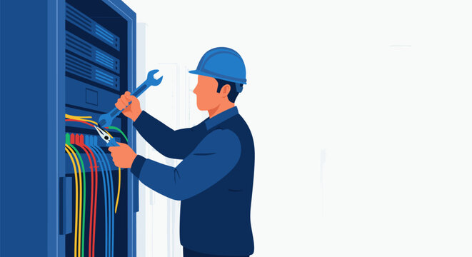 Skilled IT technician performing maintenance on server rack, ensuring network stability and data center operations with professional tools and expertise