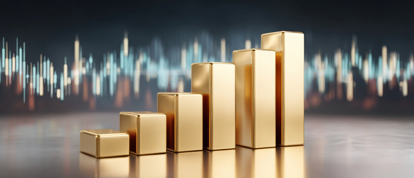Stable financial golden bar chart rising growth concept with soft glow and data wave - Powered by Adobe