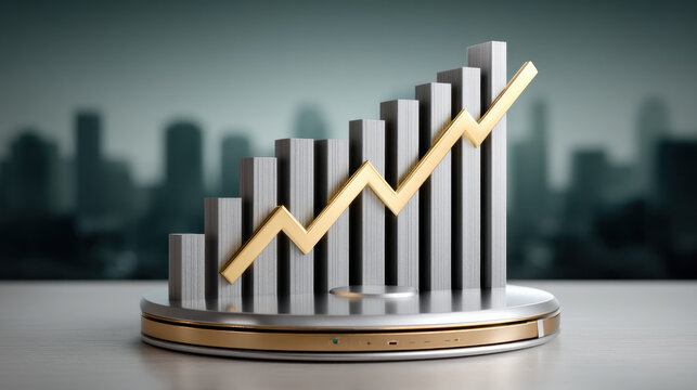 Stable financial growth chart with gold upward arrow and bar graph pedestal inspiring confidence - Powered by Adobe