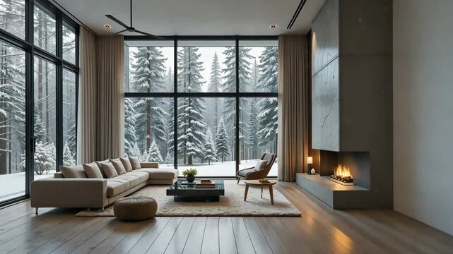 Modern minimalistic living room with panoramic window showing snowy forest and clean Scandinavian design. Concept of contemporary peaceful lifestyle