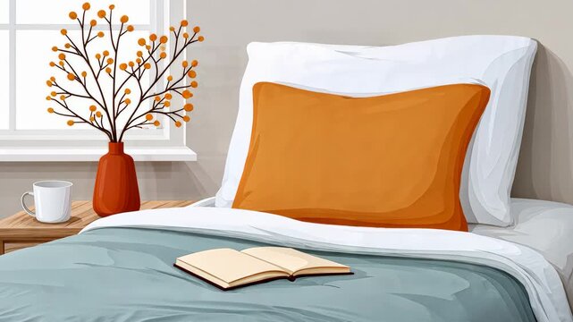 Cozy bedroom morning scene with open book and autumn decor by window - Powered by Adobe