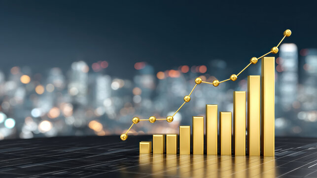 Stable financial gold bar chart rising on city night skyline showing growth and confidence