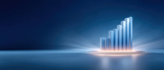 Stable financial futuristic bar chart rising reflective stage with soft blue glow suggesting