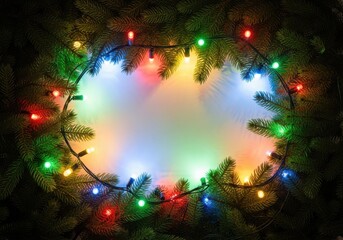 Christmas tree branches with colorful lights isolated on white background