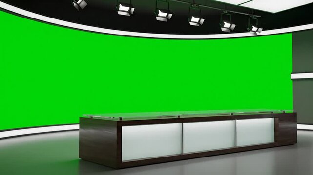 Studio setup with a curved green screen backdrop and a wooden desk with bright lights