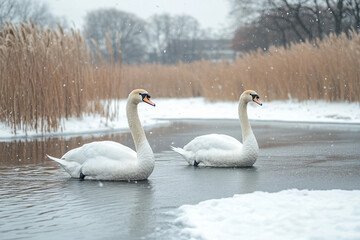 Two graceful swans gliding on a snowy winter lake at sunrise surrounded by reeds and ice reflections, generative ai