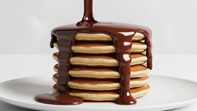  A stack of fluffy pancakes is doused in rich, dark chocolate sauce, creating a mouthwatering treat.